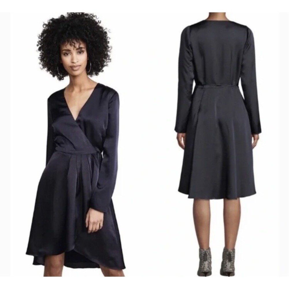 Joie Wrap Dress Women Small Midnight Miltona B Satin High-Low Long Sleeve V-Neck
